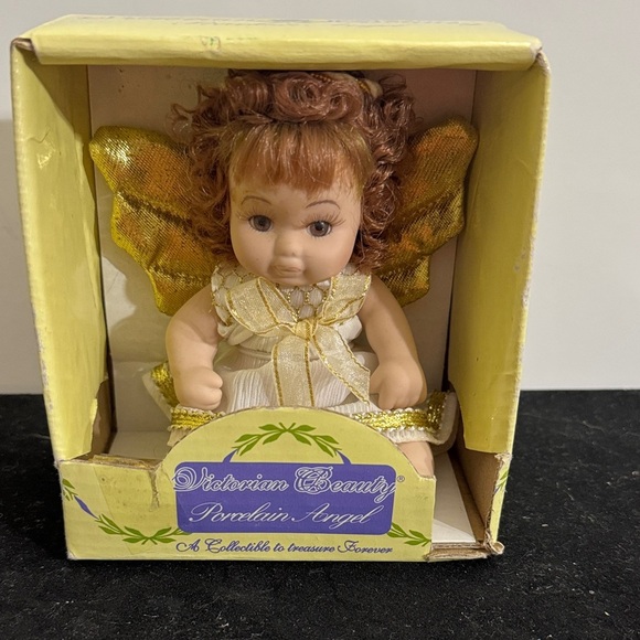 Other - BISQUE PORCELAIN ANGEL DOLLS "VICTORIAN BEAUTY" BRUNETTE WITH WHITE & GOLD DRESS